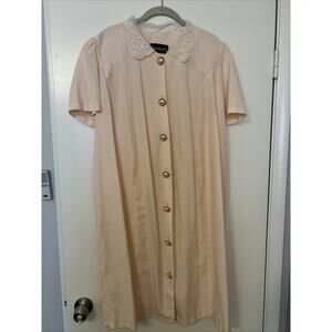Womens 14 Vintage Button Front Mid Length Dress Peach Pearl Buttons Lace Collar